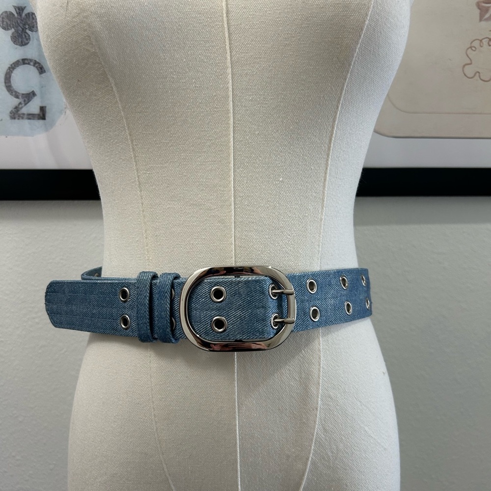 Blue Denim Eyelet Belt with Silver Buckle